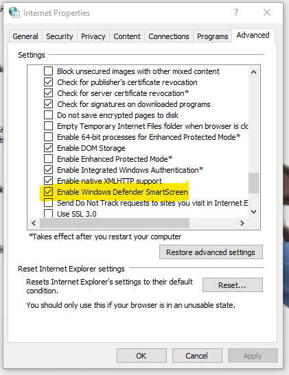 Disable SmartScreen In Windows 11 with internet properties